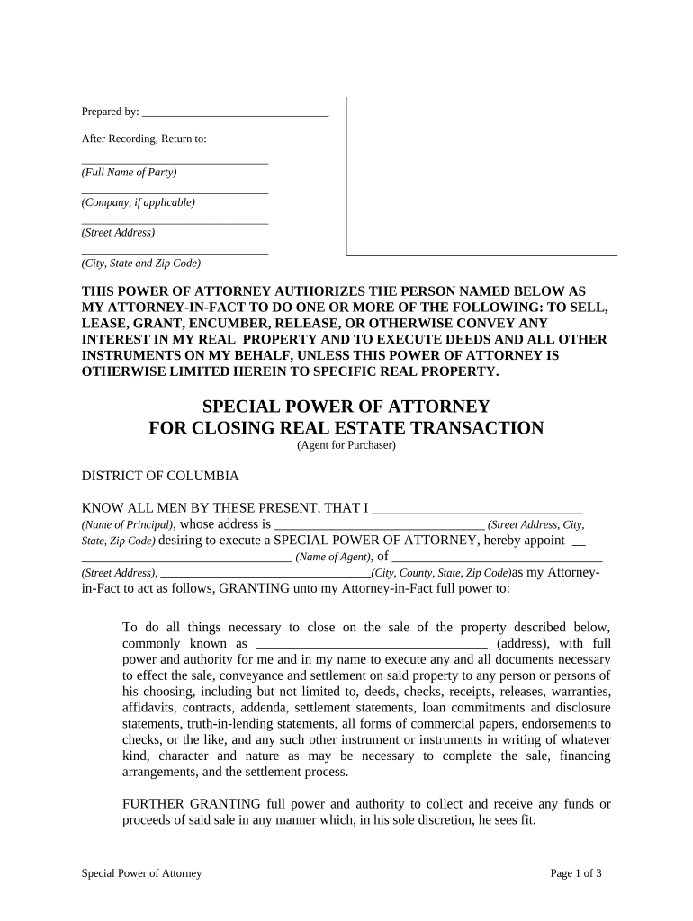 Special or Limited Power of Attorney for Real Estate Purchase Transaction by Purchaser - District of Columbia Preview on Page 1