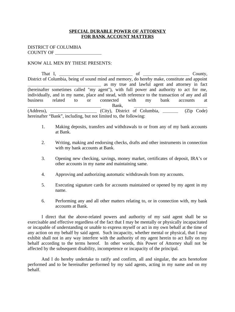 Special Durable Power of Attorney for Bank Account Matters - District of Columbia Preview on Page 1