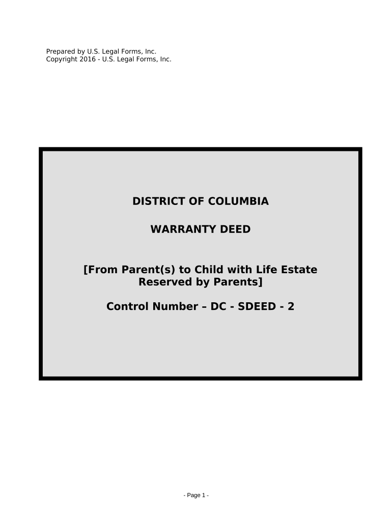 Warranty Deed from Parents to Child with Life Estate Reserved by Parents - District of Columbia Preview on Page 1.