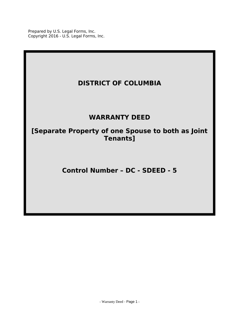 Warranty Deed to Separate Property of one Spouse to both as Joint Tenants - District of Columbia Preview on Page 1