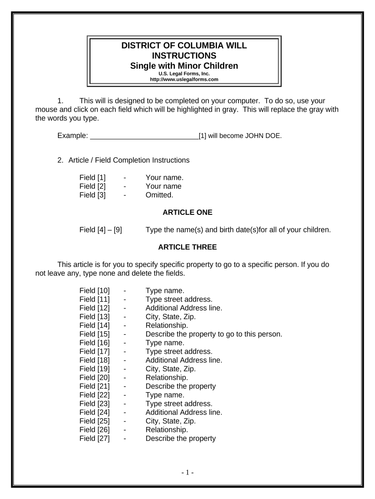 Legal Last Will and Testament Form for a Single Person with Minor Children - District of Columbia Preview on Page 1