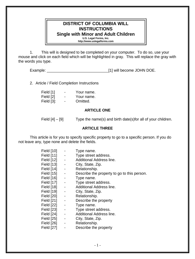 Legal Last Will and Testament Form for Single Person with Adult and Minor Children - District of Columbia Preview on Page 1