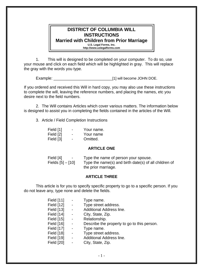 Legal Last Will and Testament for Married Person with Minor Children from Prior Marriage - District of Columbia Preview on Page 1