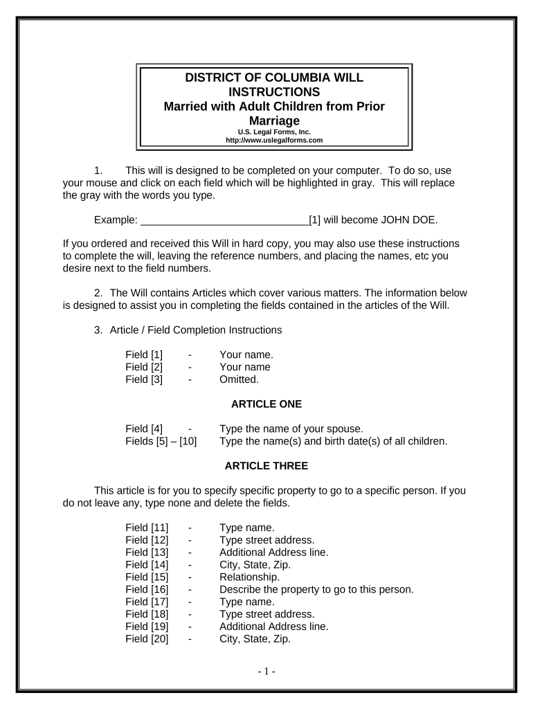 Legal Last Will and Testament Form for Married Person with Adult Children from Prior Marriage - District of Columbia Preview on Page 1.