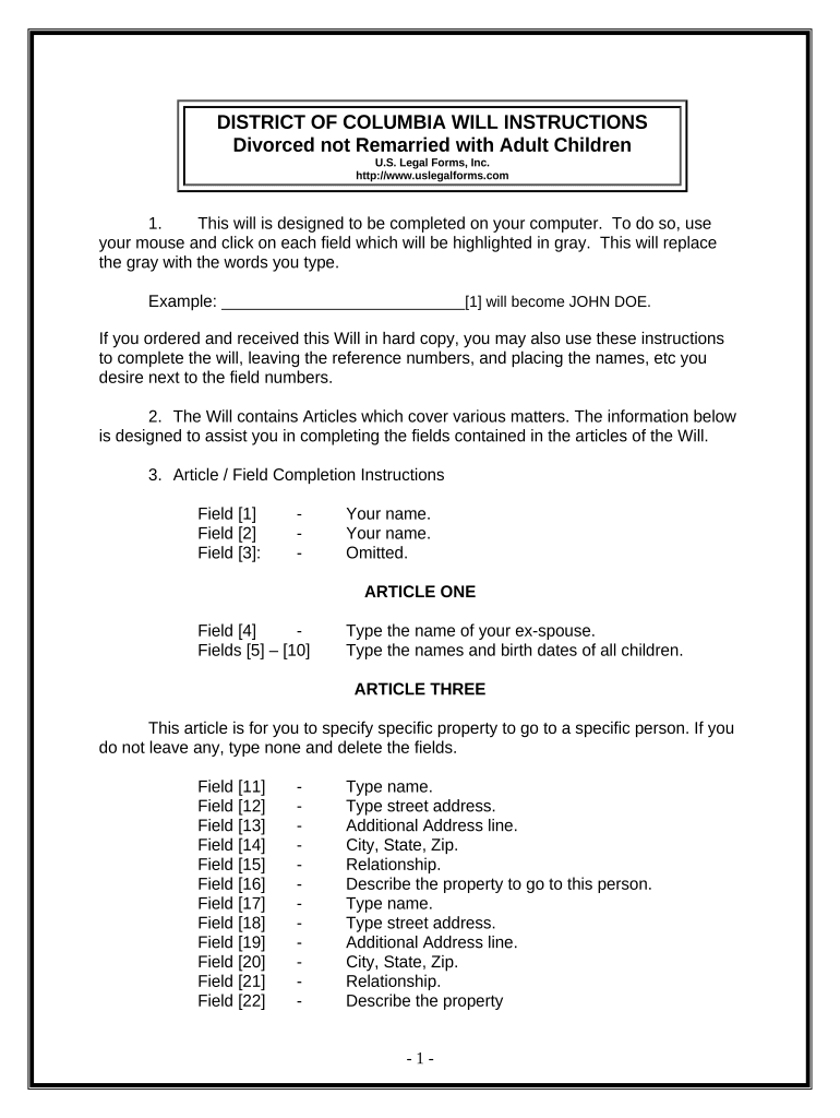 Legal Last Will and Testament Form for Divorced person not Remarried with Adult Children - District of Columbia Preview on Page 1.