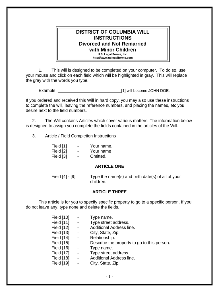 Legal Last Will and Testament Form for Divorced person not Remarried with Minor Children - District of Columbia Preview on Page 1