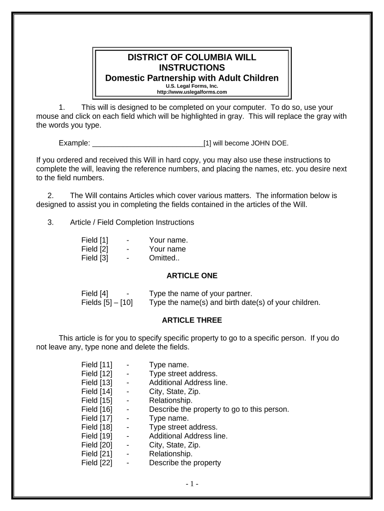 Legal Last Will and Testament Form for Domestic Partner with Adult Children - District of Columbia Preview on Page 1