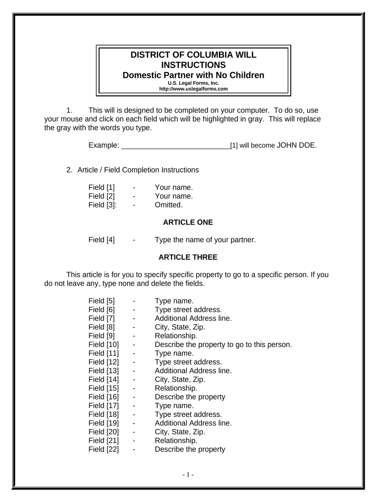 Legal Last Will and Testament Form for a Domestic Partner with No Children - District of Columbia Preview on Page 1