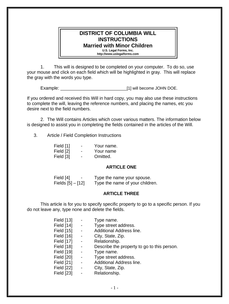 Legal Last Will and Testament Form for Married Person with Minor Children - District of Columbia Preview on Page 1