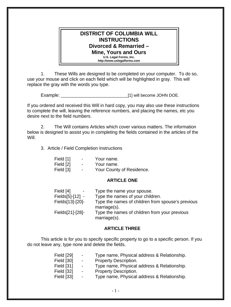 Legal Last Will and Testament Form for Divorced and Remarried Person with Mine, Yours and Ours Children - District of Columbia Preview on Page 1