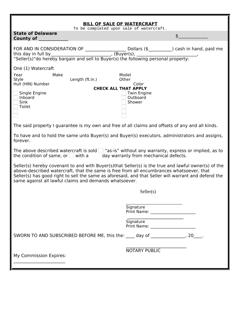 Bill of Sale for WaterCraft or Boat - Delaware Preview on Page 1