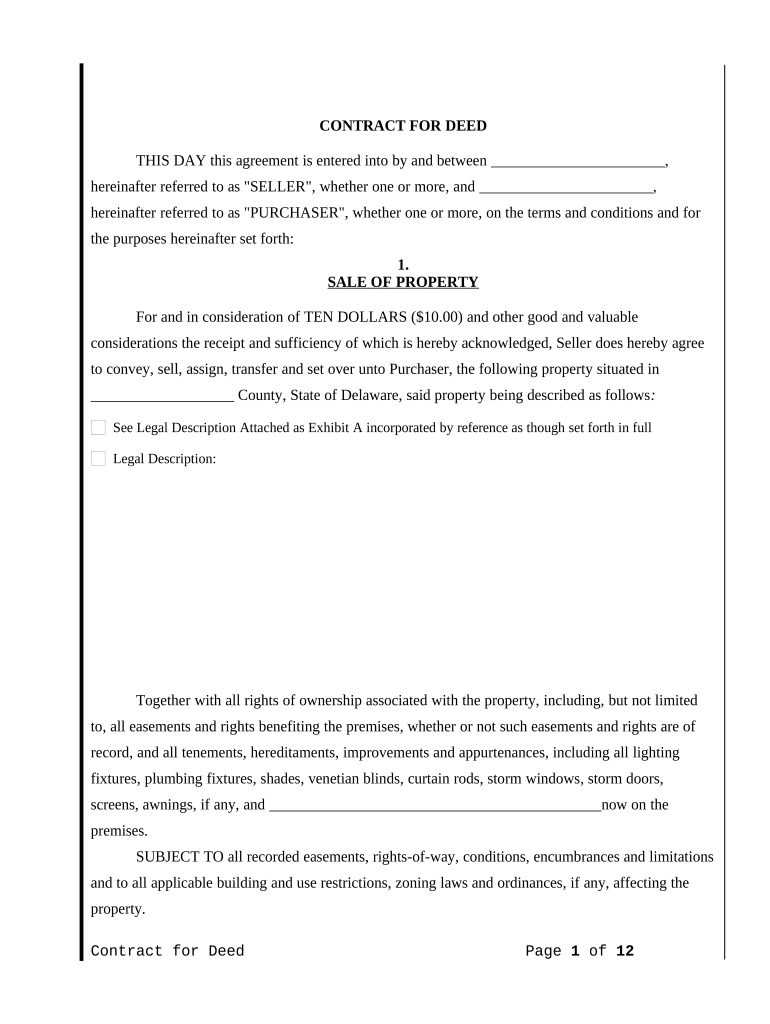 Agreement or Contract for Deed for Sale and Purchase of Real Estate a/k/a Land or Executory Contract - Delaware Preview on Page 1