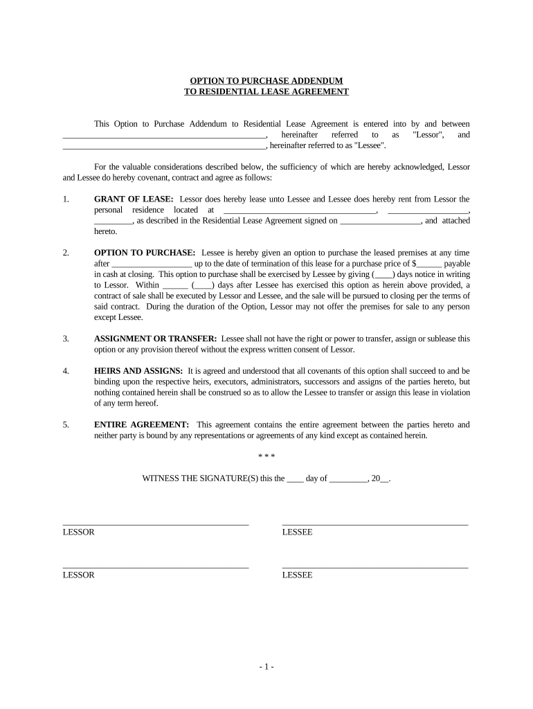 Option to Purchase Addendum to Residential Lease - Lease or Rent to Own - Delaware Preview on Page 1