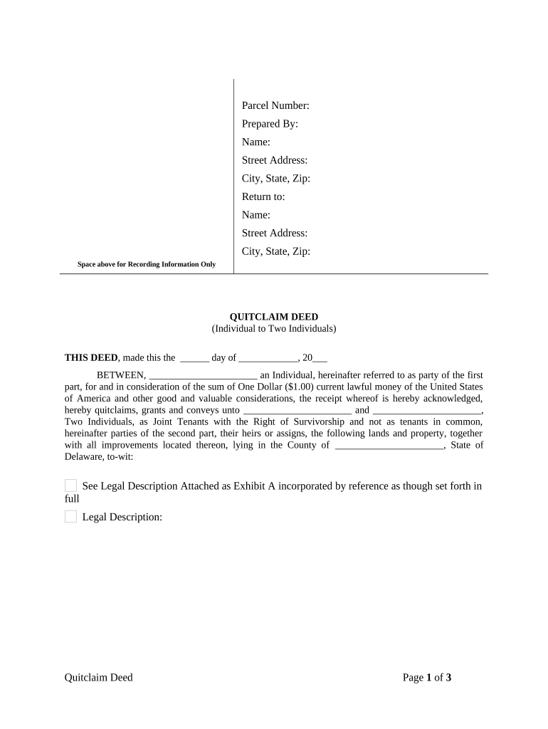 Quitclaim Deed from Individual to Two Individuals in Joint Tenancy - Delaware Preview on Page 1.