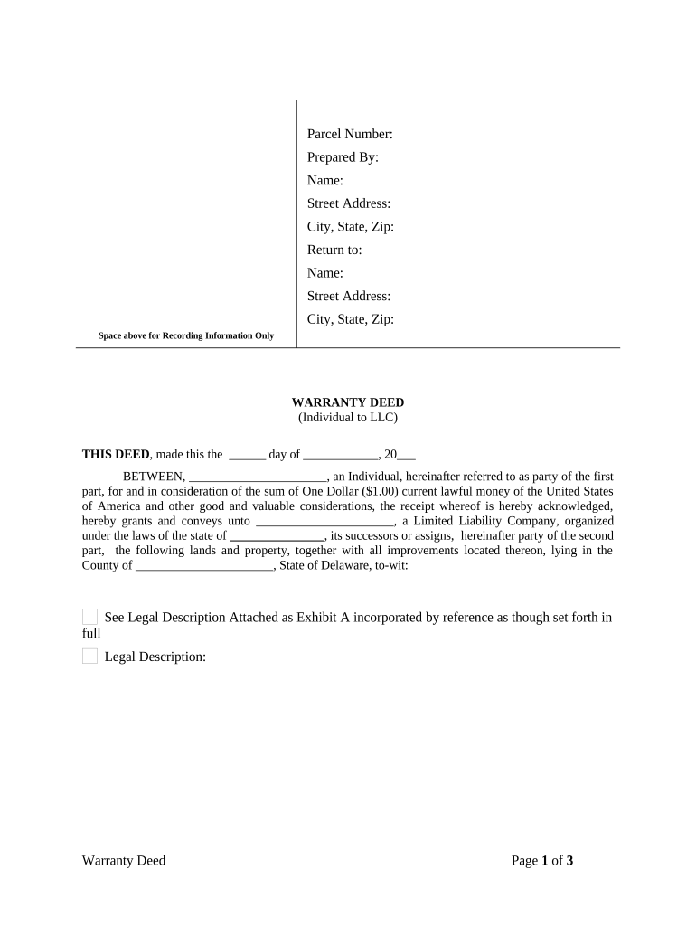 Warranty Deed from Individual to LLC - Delaware Preview on Page 1