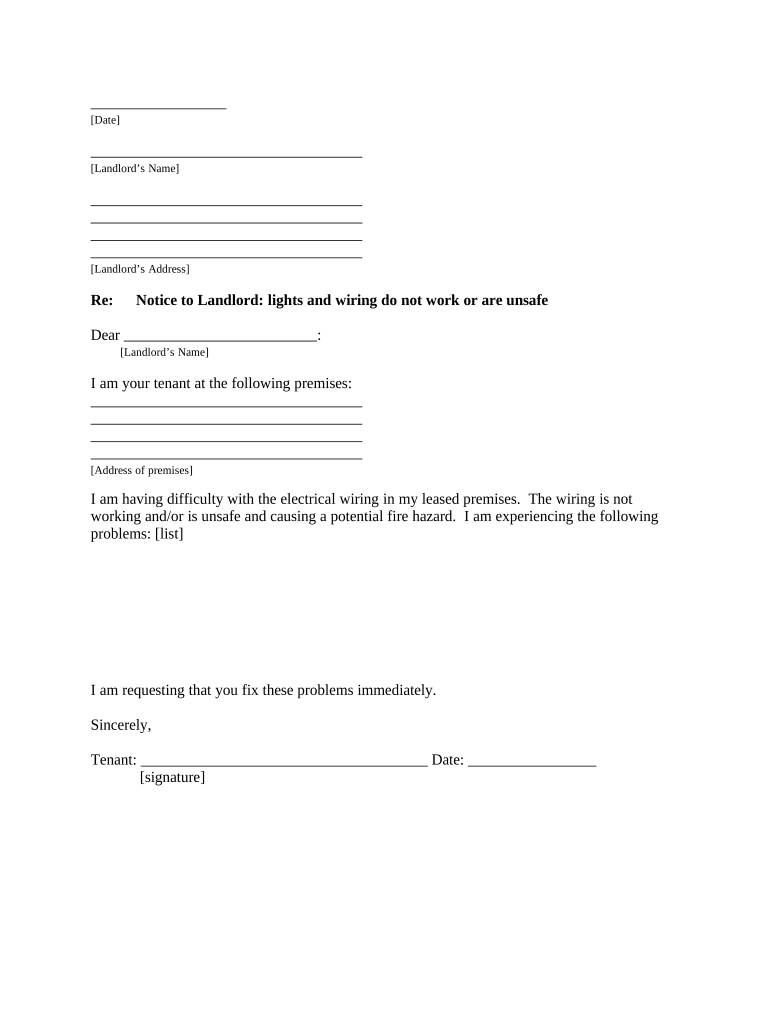 Letter from Tenant to Landlord with Demand that landlord repair unsafe or broken lights or wiring - Delaware Preview on Page 1