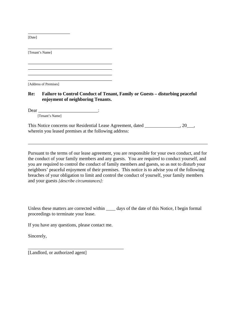 Letter from Landlord to Tenant as Notice to Tenant of Tenant&#039;s Disturbance of Neighbors&#039; Peaceful Enjoyment to Remedy or Lease Terminates - Delaware Preview on Page 1.