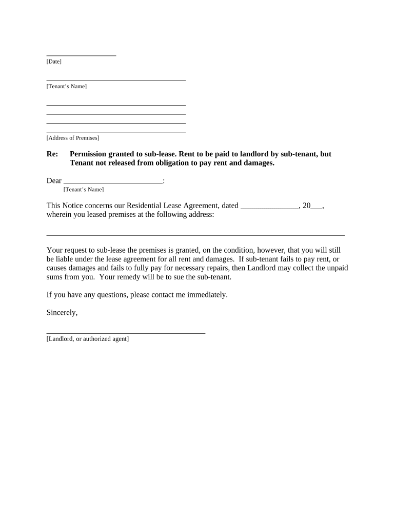 Letter from Landlord to Tenant that Sublease granted - Rent Paid by Subtenant, but Tenant Still Liable for Rent and Damages - Delaware Preview on Page 1