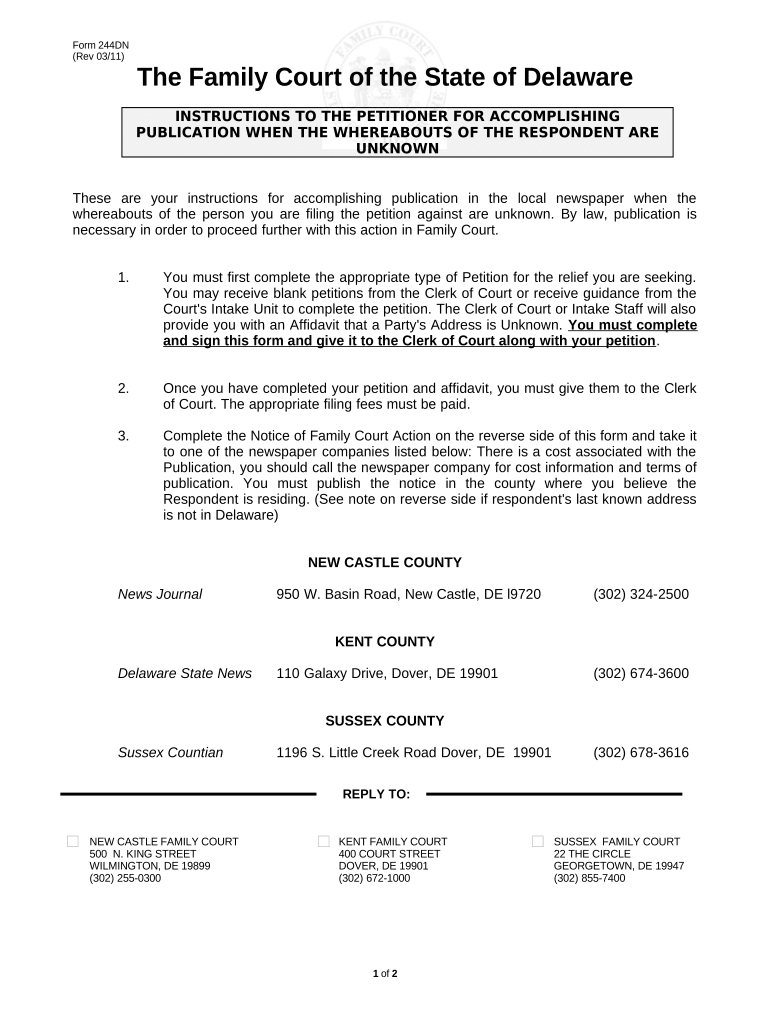 Instructions to the Petitioner for Accomplishing Publication when the Whereabouts of the Respondent are Unknown - Delaware Preview on Page 1