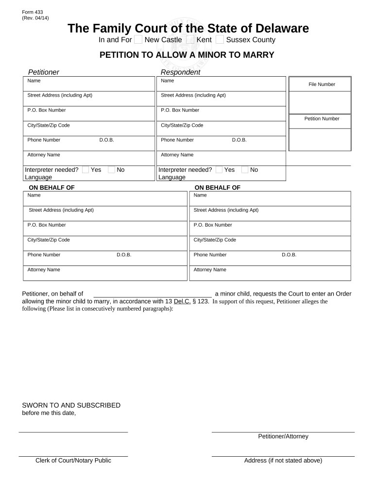 Petition to Allow a Minor to Marry - Delaware Preview on Page 1