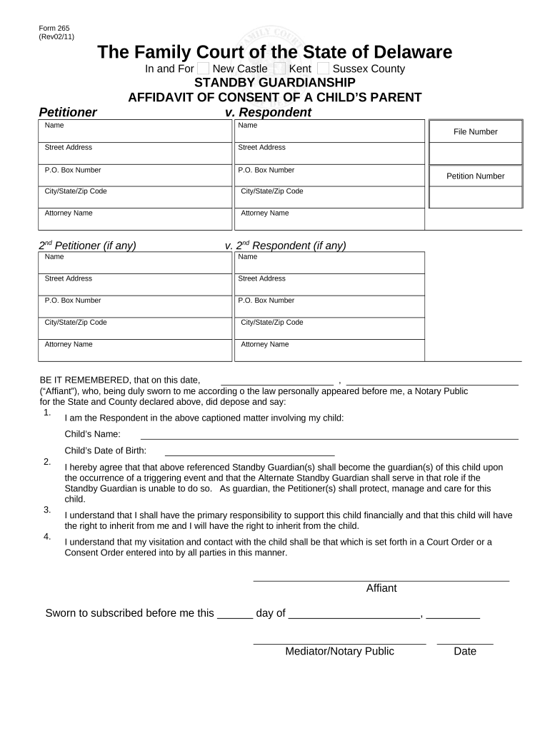 Standby Guardianship Affidavit of Consent of a Child s Parent - Delaware Preview on Page 1