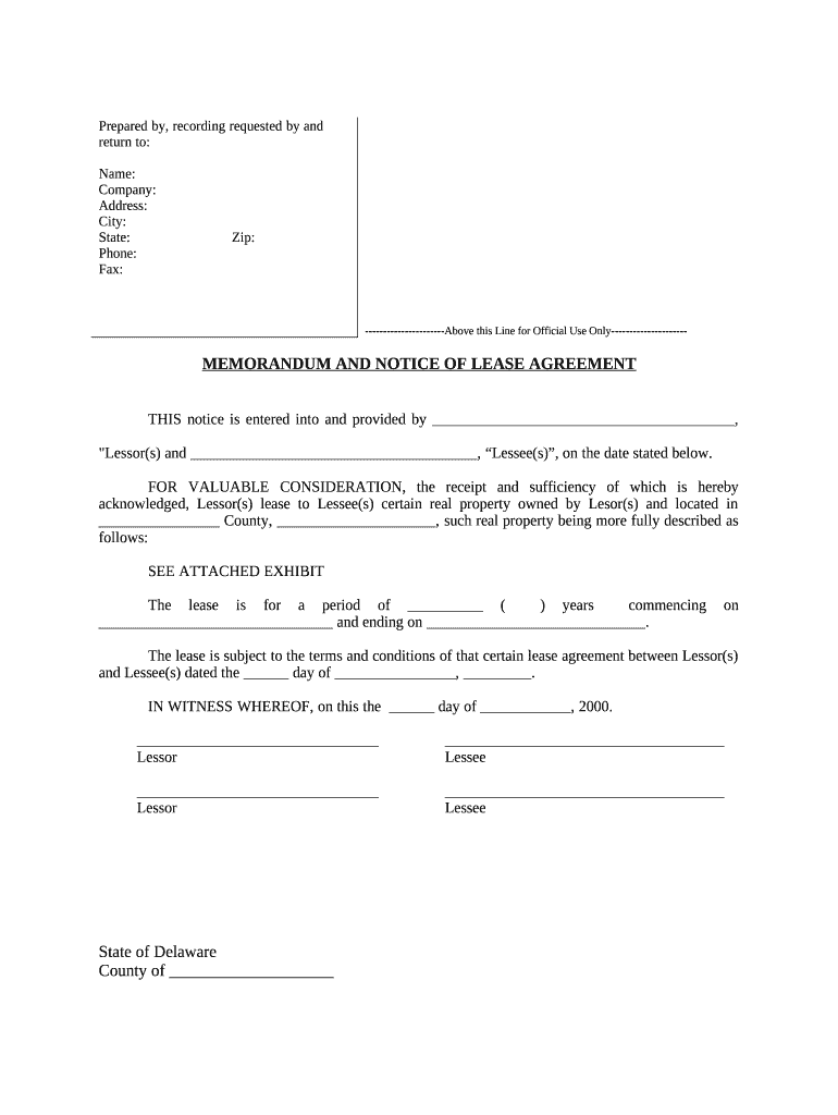 Notice of Lease for Recording - Delaware Preview on Page 1