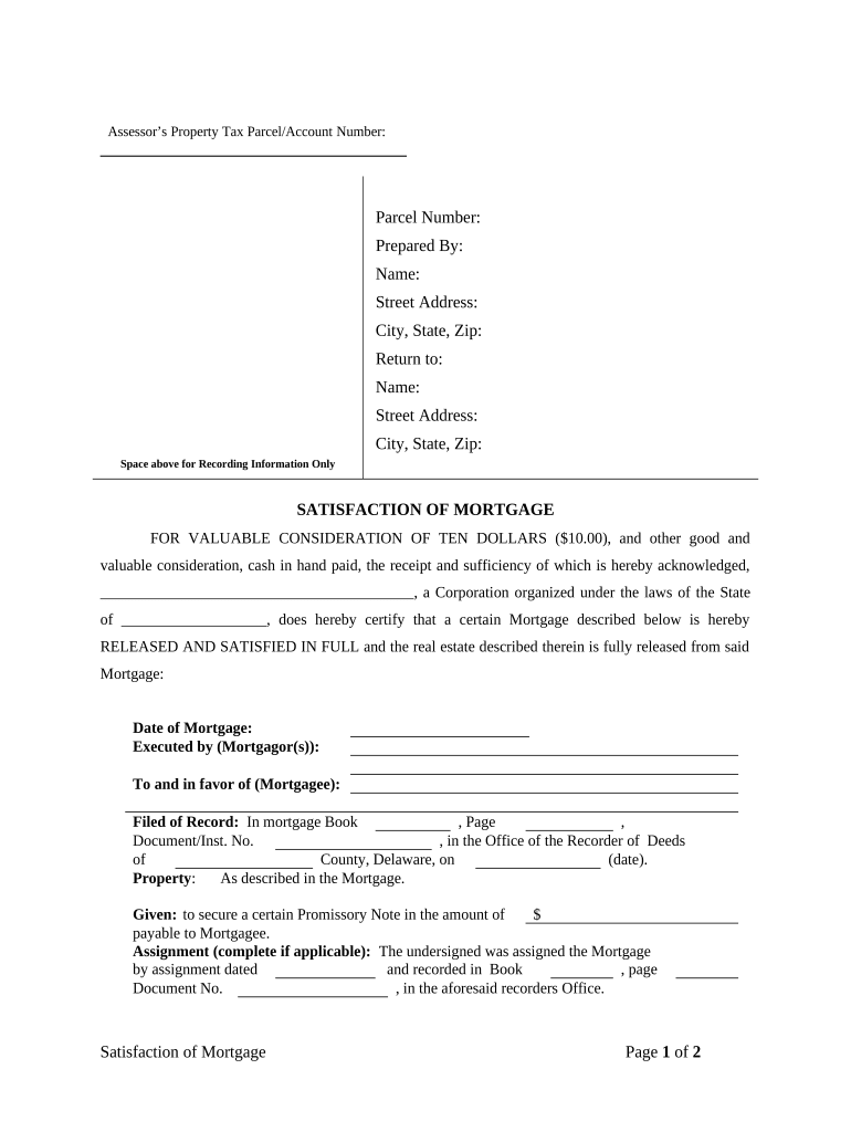 Satisfaction, Release or Cancellation of Mortgage by Corporation - Delaware Preview on Page 1