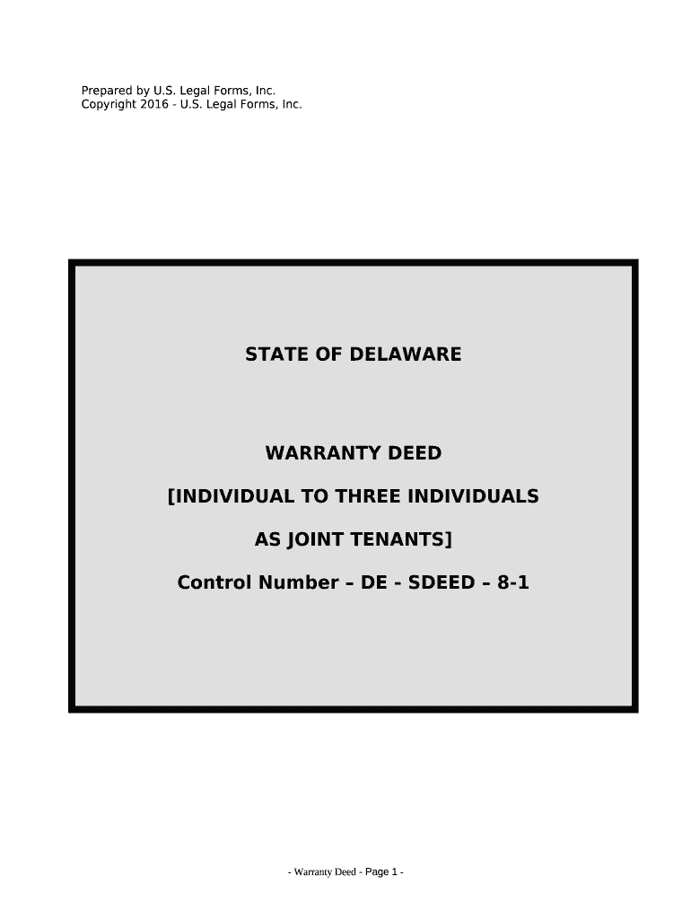 Warranty Deed from Individual to Three Individuals as Joint Tenants - Delaware Preview on Page 1