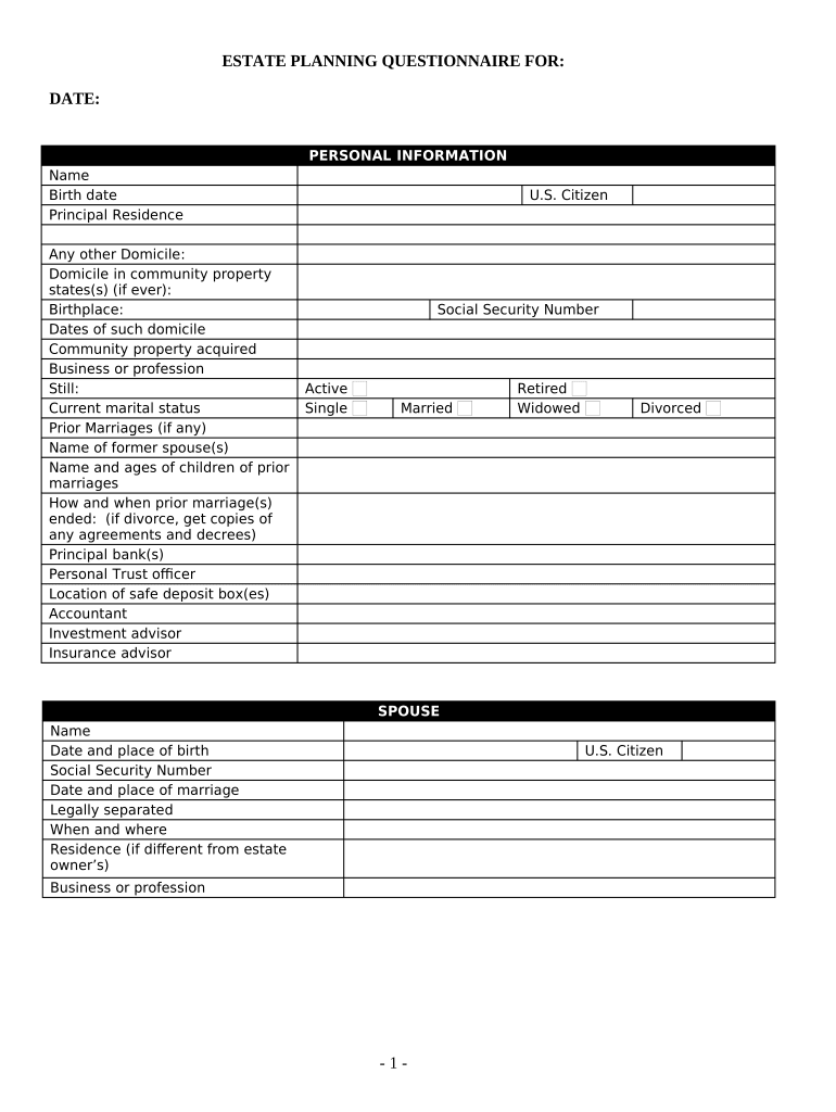 Estate Planning Questionnaire and Worksheets - Delaware Preview on Page 1