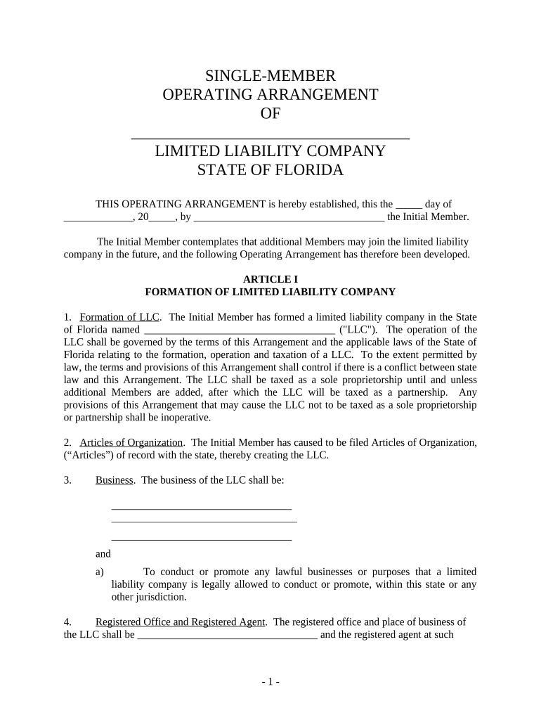 florida single member llc operating agreement Preview on Page 1