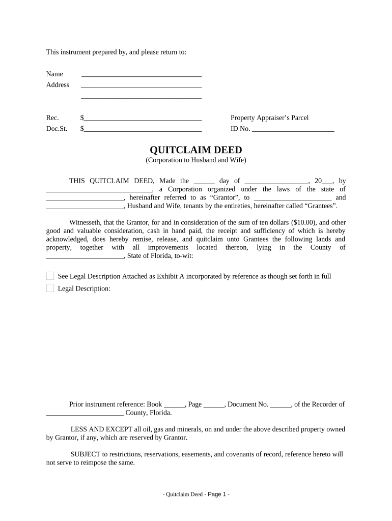 Quitclaim Deed from Corporation to Husband and Wife - Florida Preview on Page 1