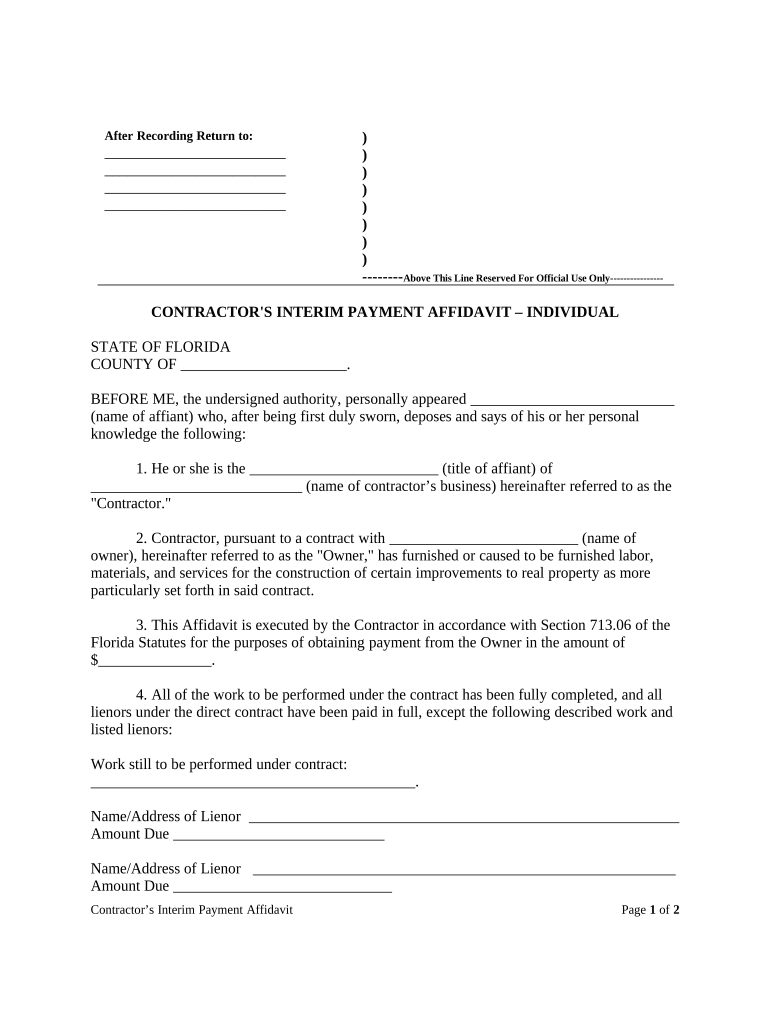 florida contractor payment affidavit Preview on Page 1