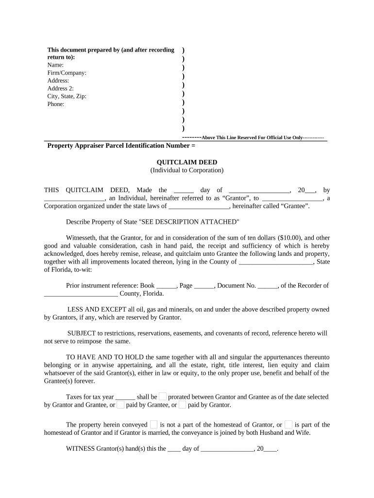 Quitclaim Deed from Individual to Corporation - Florida Preview on Page 1