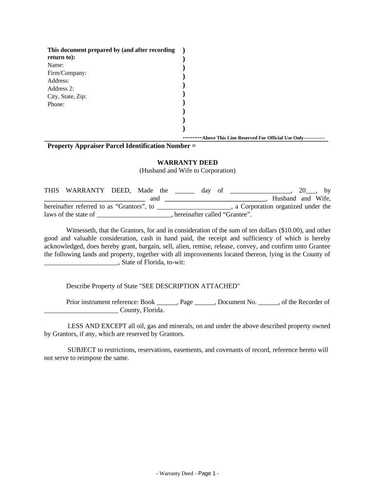 Warranty Deed from Husband and Wife to Corporation - Florida Preview on Page 1