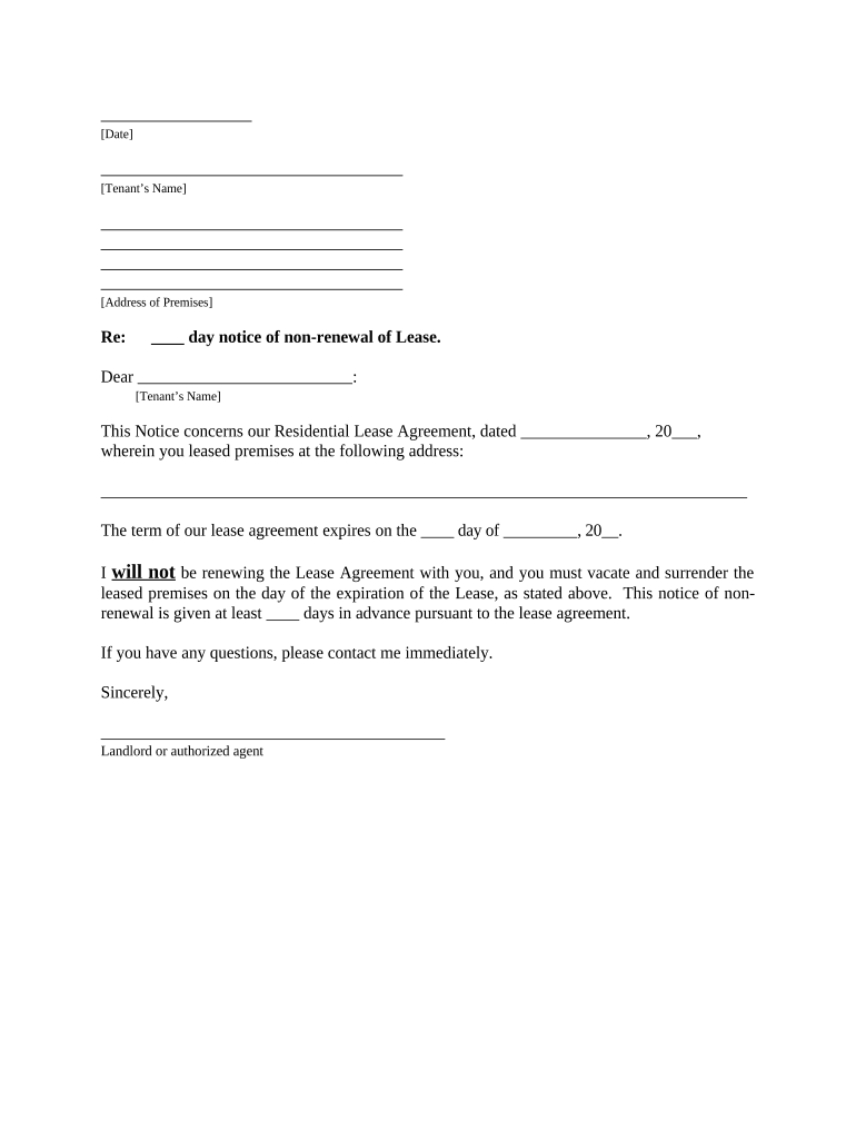 Letter from Landlord to Tenant with 30 day notice of Expiration of Lease and Nonrenewal by landlord - Vacate by expiration - Florida Preview on Page 1