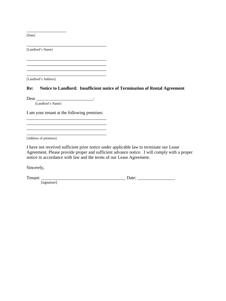 Letter from Tenant to Landlord about Insufficient Notice to Terminate Rental Agreement - Florida Preview on Page 1.