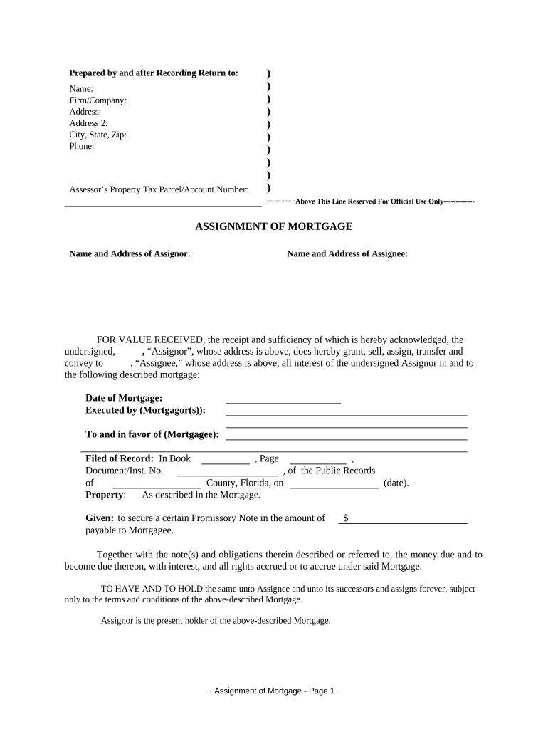 florida assignment of mortgage form Preview on Page 1