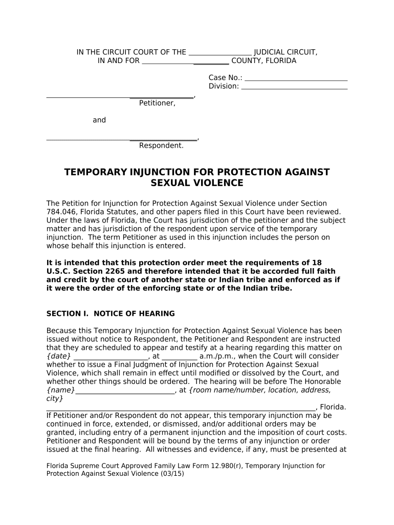 Temporary Injunction for Protection Against Sexual Violence - Florida Preview on Page 1