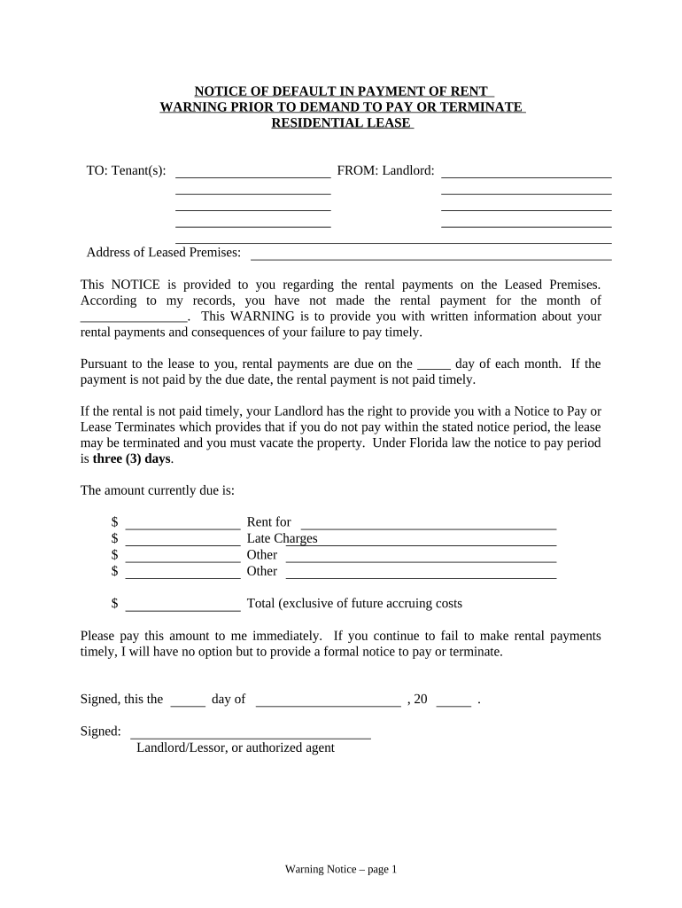 Notice of Default in Payment of Rent as Warning Prior to Demand to Pay or Terminate for Residential Property - Florida Preview on Page 1