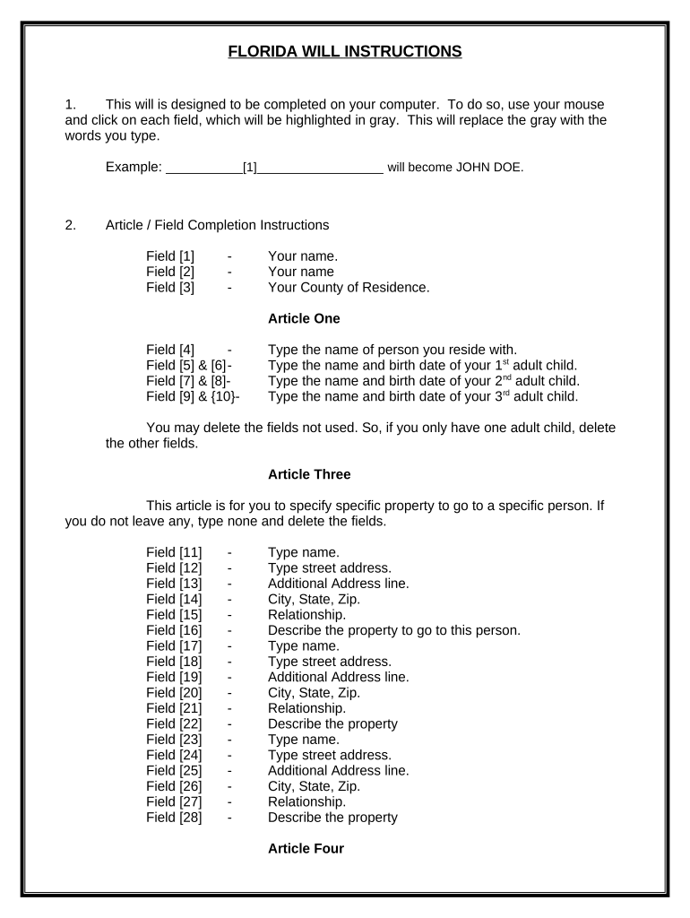 Mutual Wills Package of Last Wills and Testaments for Unmarried Persons living together with Adult Children - Florida Preview on Page 1