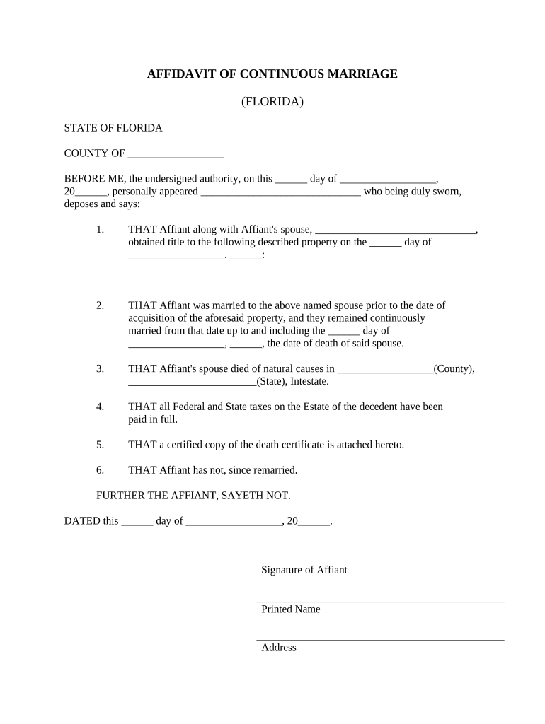 continuous marriage affidavit florida Preview on Page 1