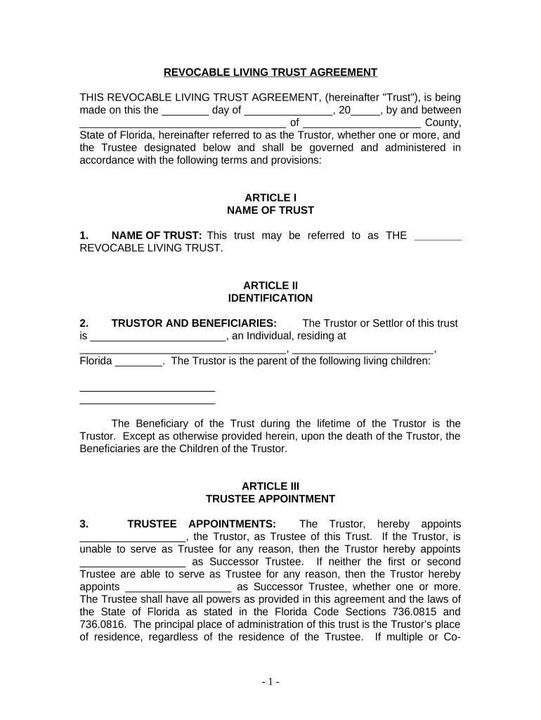 Living Trust for individual, Who is Single, Divorced or Widow or Widower with Children - Florida Preview on Page 1.