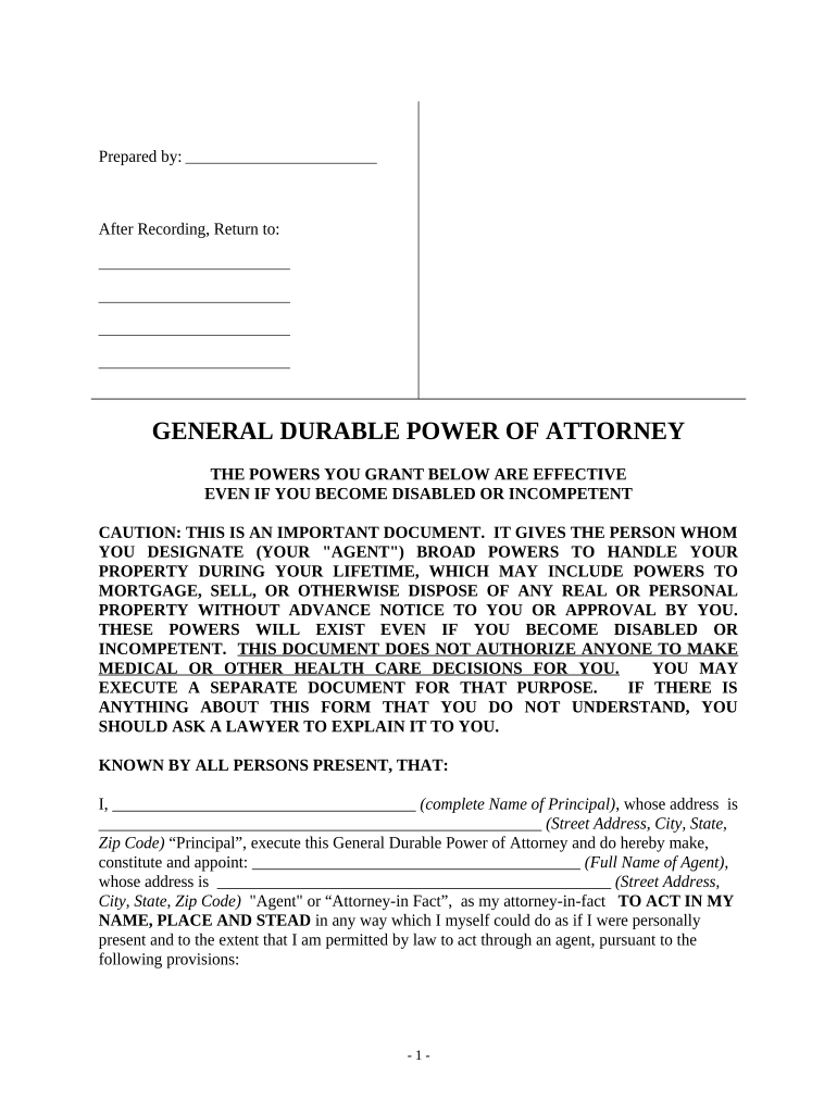 General Durable Power of Attorney for Property and Finances or Financial Effective Immediately - Florida Preview on Page 1