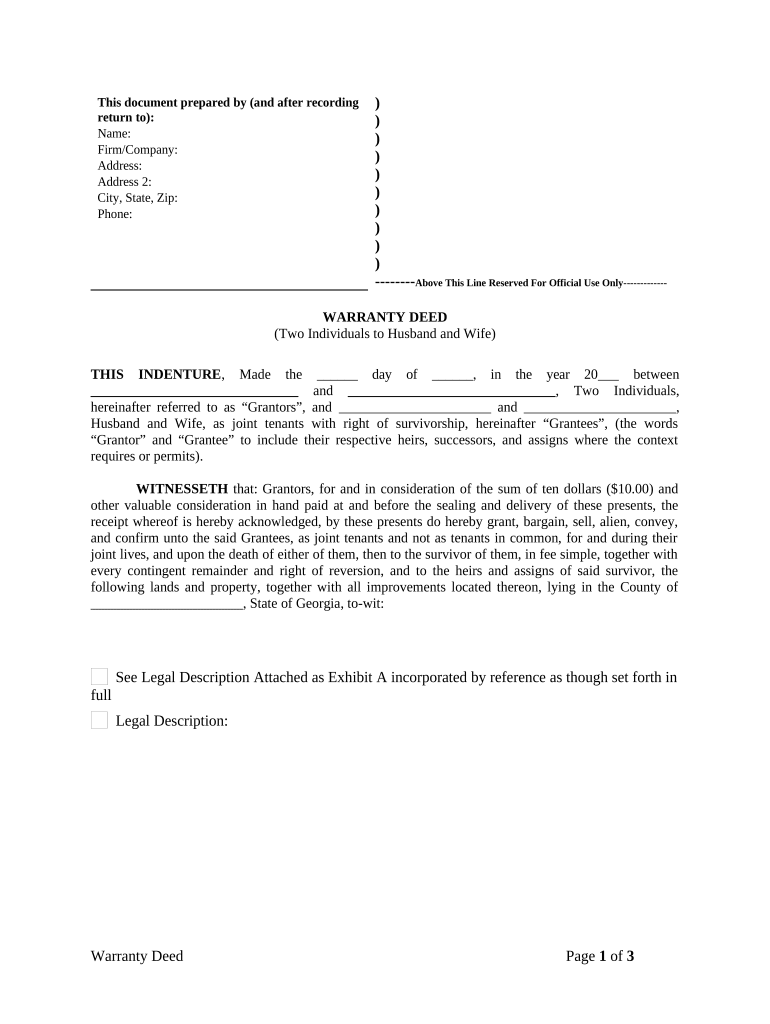 Warranty Deed from two Individuals to Husband and Wife - Georgia Preview on Page 1.