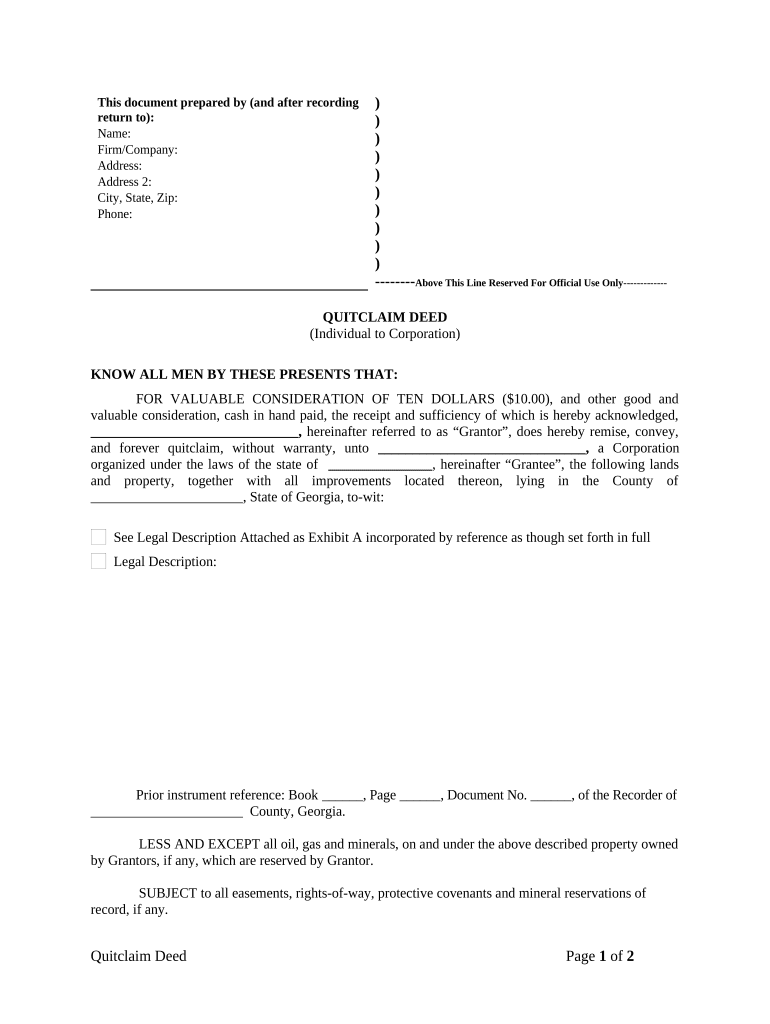 Quitclaim Deed from Individual to Corporation - Georgia Preview on Page 1