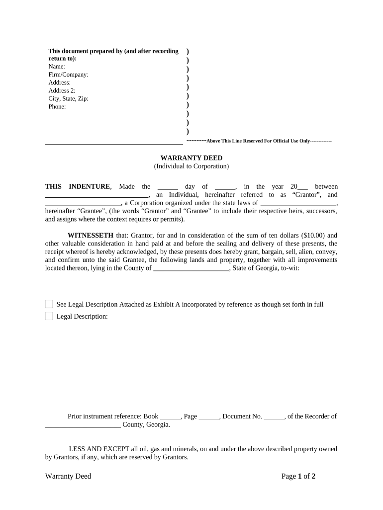 Warranty Deed from Individual to Corporation - Georgia Preview on Page 1