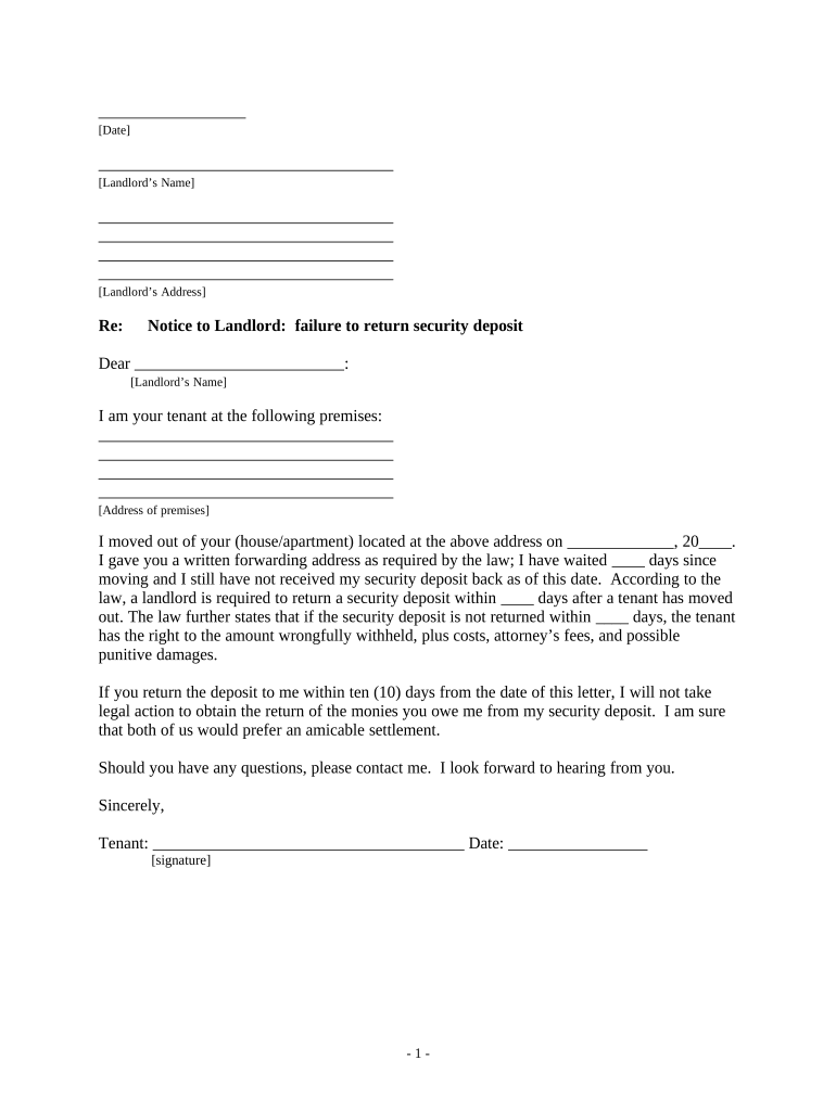 Letter from Tenant to Landlord containing Notice of failure to return security deposit and demand for return - Georgia Preview on Page 1