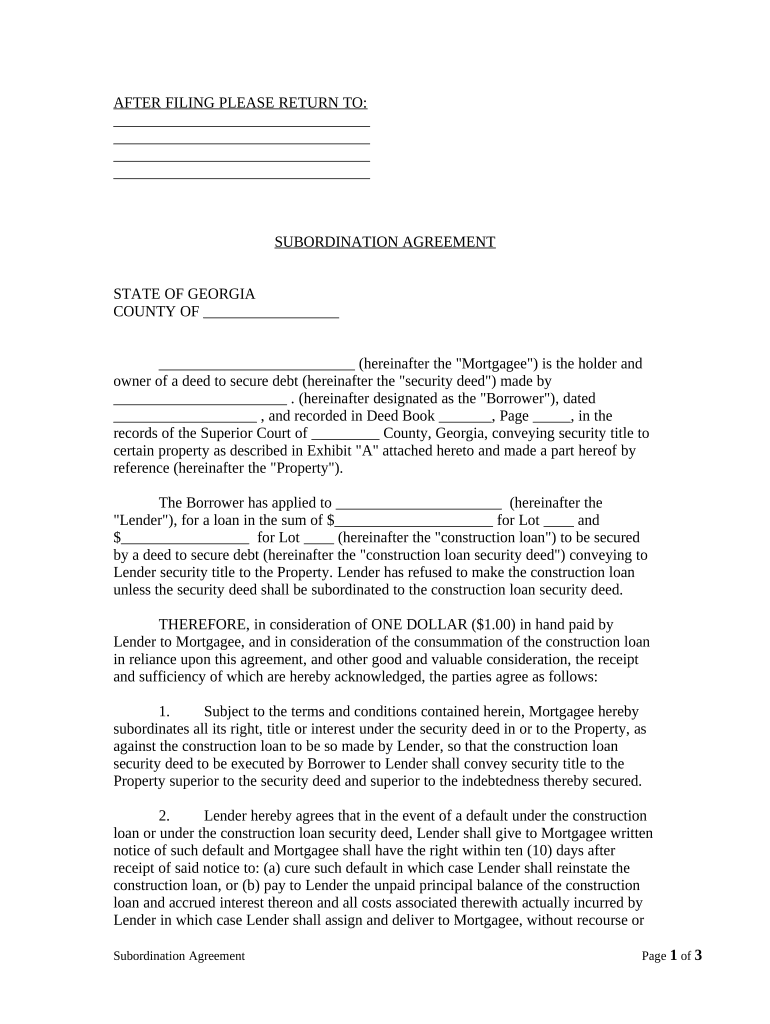 Subordination Agreement of Mortgage - Georgia Preview on Page 1.