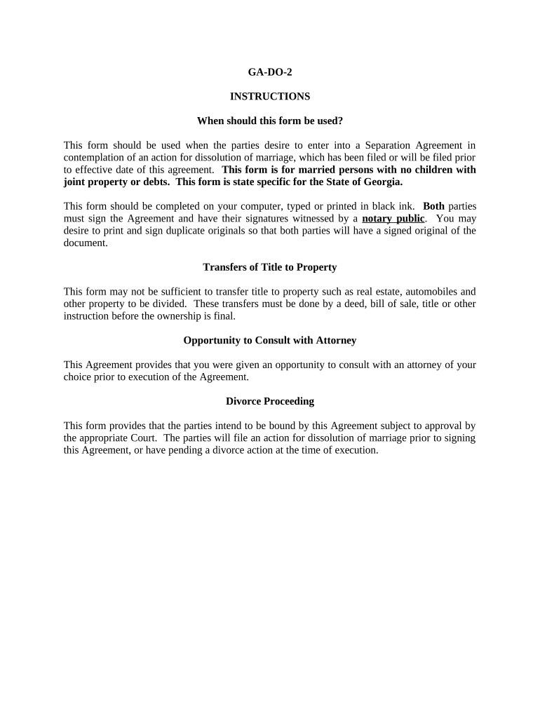 Marital Legal Separation and Property Settlement Agreement no Children parties may have Joint Property or Debts where Divorce Action Filed - Georgia Preview on Page 1