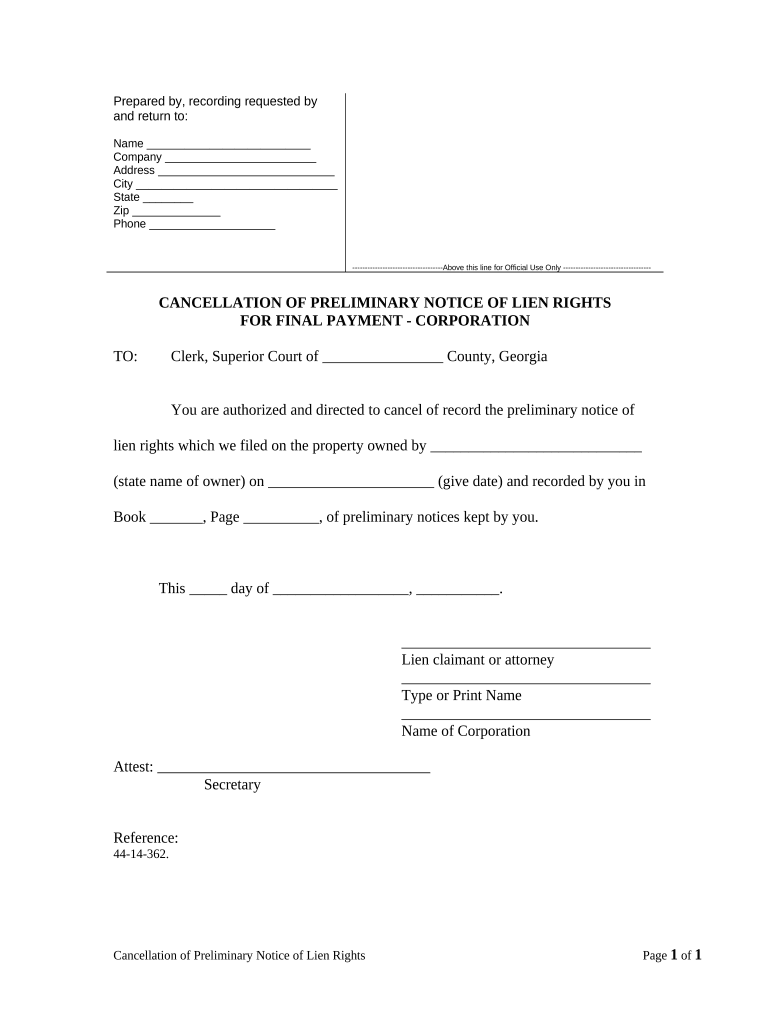 Cancellation of Preliminary Lien Notice for Final Payment Sect. 44-14-362 - Corporation or LLC - Georgia Preview on Page 1